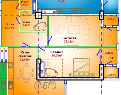 2-комн. квартира, 8 этаж, 105 м², Сомони — миниатюра 3