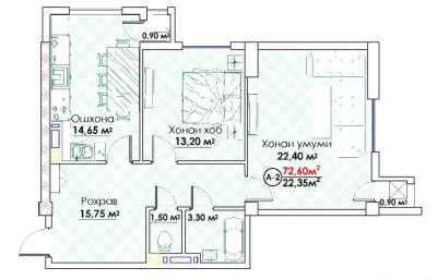 2-комн. квартира, 8 этаж, 73 м², Исмоили Сомони Спартак — миниатюра 6