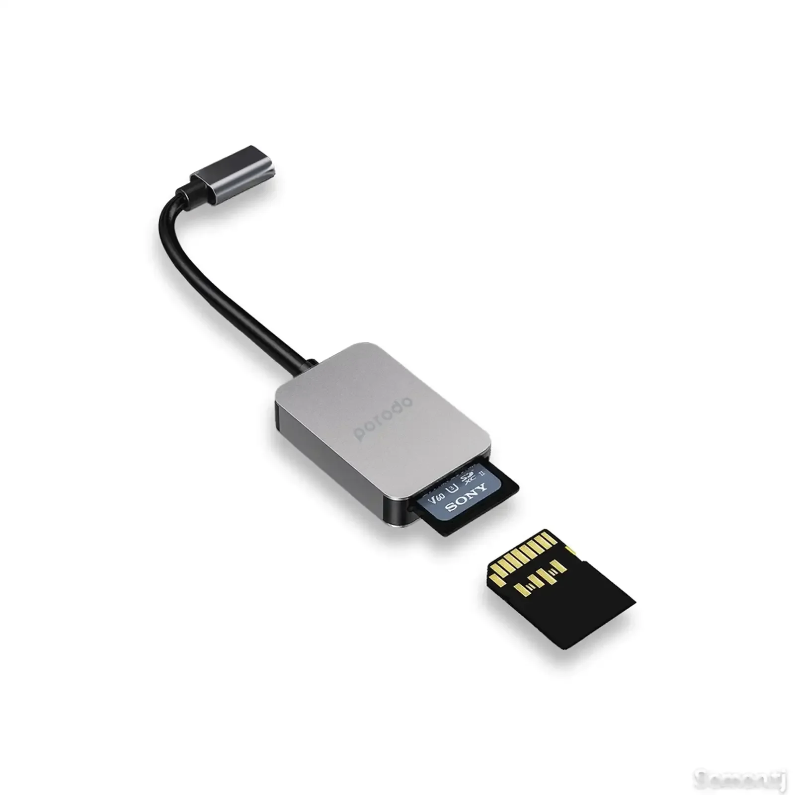 Картридер Porodo 2in1 USB-C Card Reader SD MicroSD серый