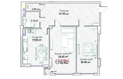 2-комн. квартира, 5 этаж, 100 м², Сомони — миниатюра 3