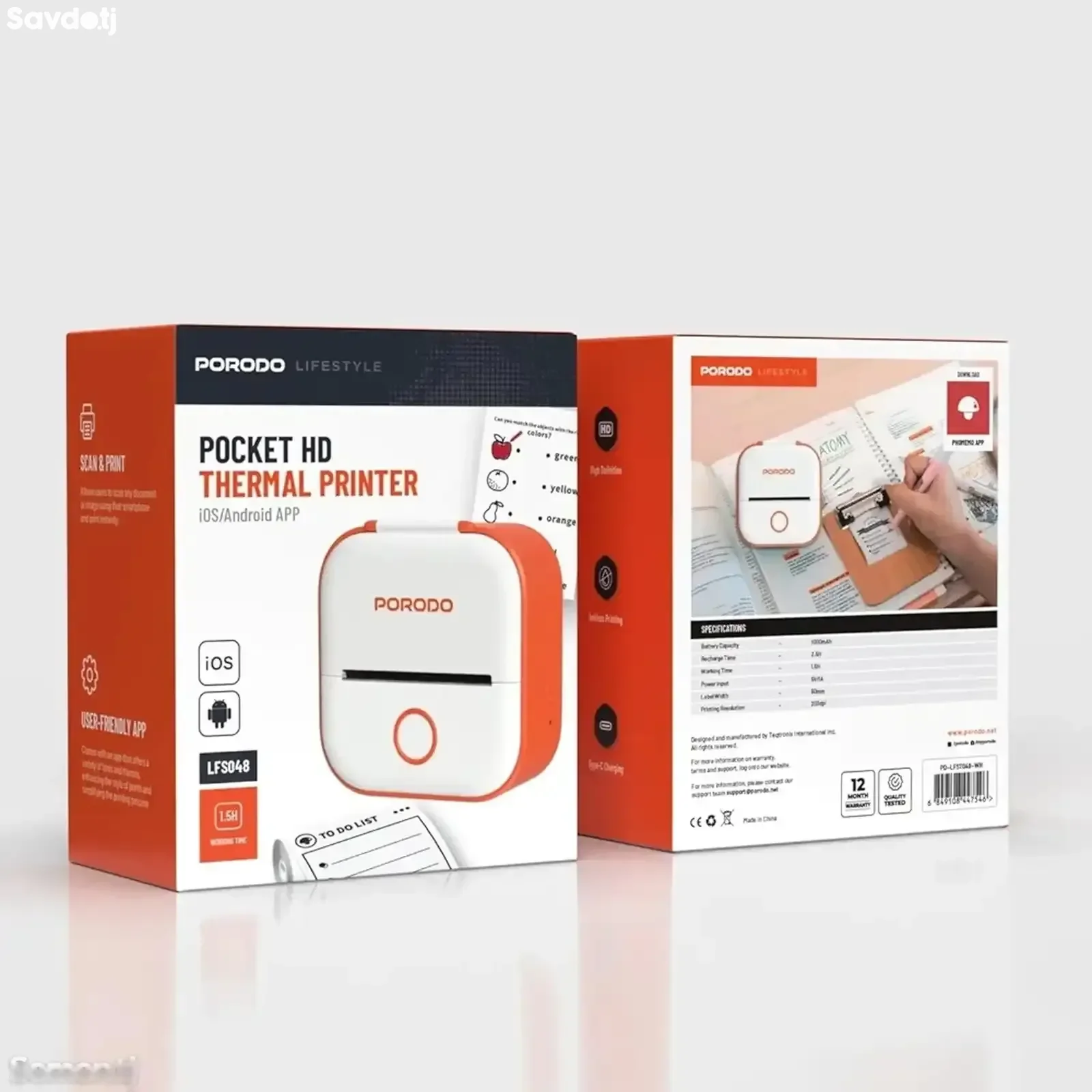 Мини принтер для этикеток Porodo Lifestyle Mini Label Printer бело-оранжевый