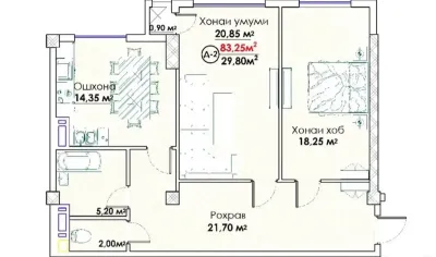 2-комн. квартира, 11 этаж, 85 м², н.Исмоили Сомони,Спартак — миниатюра 2