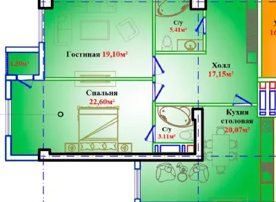 2-комн. квартира, 8 этаж, 92 м², Сомони — миниатюра 3