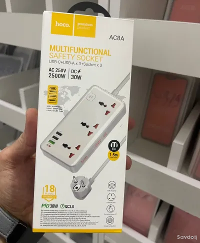 Сетевой фильтр Hoco AC8A, 3USB+3BIT+USB-C, 2500W, DC 30W
