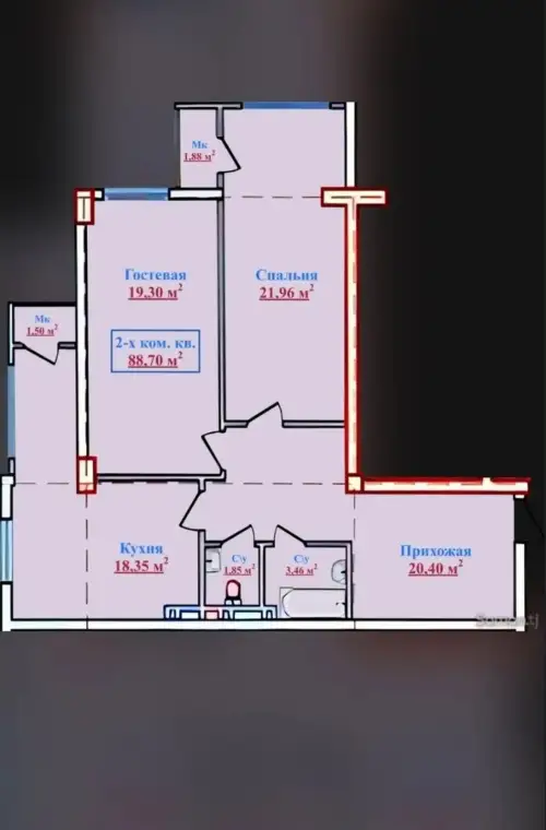 2-комн. квартира, 3 этаж, 89 м², Исмоили Сомони — миниатюра 1