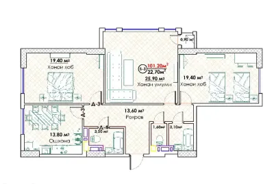 3-комн. квартира, 15 этаж, 101 м², Исмоили Сомони, Спартак, Кольцевой Пивзавод — миниатюра 3