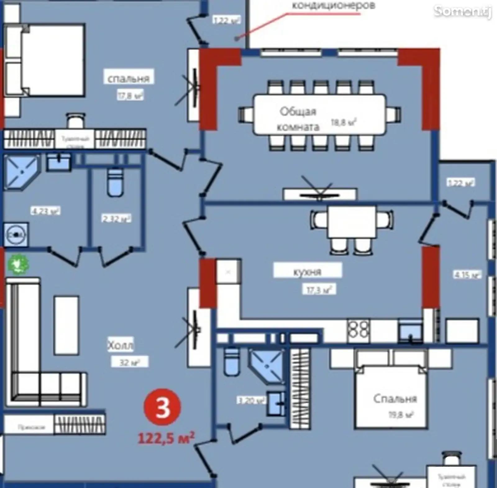 3-комн. квартира, 9 этаж, 123 м², 34мкр — миниатюра 3