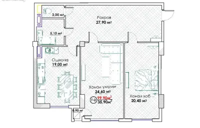 2-комн. квартира, 5 этаж, 100 м², Исмоили Сомони, Спартак, Кольцевой Пивзавод — миниатюра 3