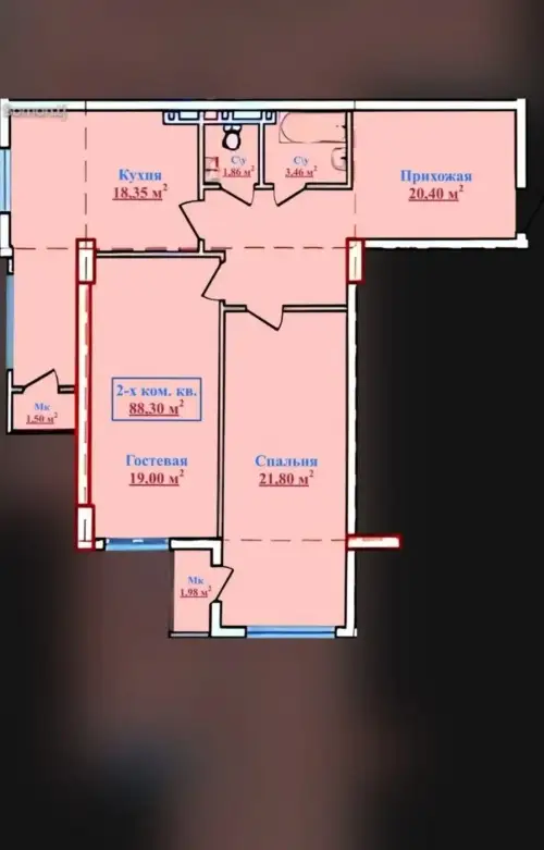 2-комн. квартира, 3 этаж, 88 м², Исмоили Сомони — миниатюра 1