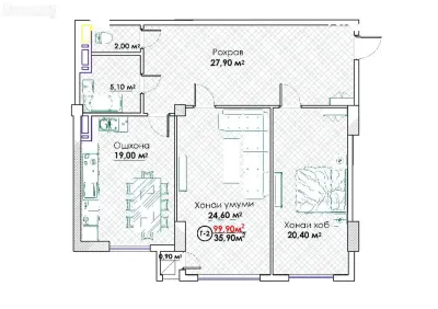 2-комн. квартира, 5 этаж, 100 м², И. Сомони — миниатюра 3